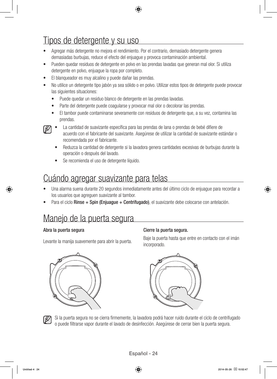 Tipos de detergente y su uso, Cuándo agregar suavizante para telas, Manejo de la puerta segura | Samsung WB09H7300GP-A1 User Manual | Page 112 / 132