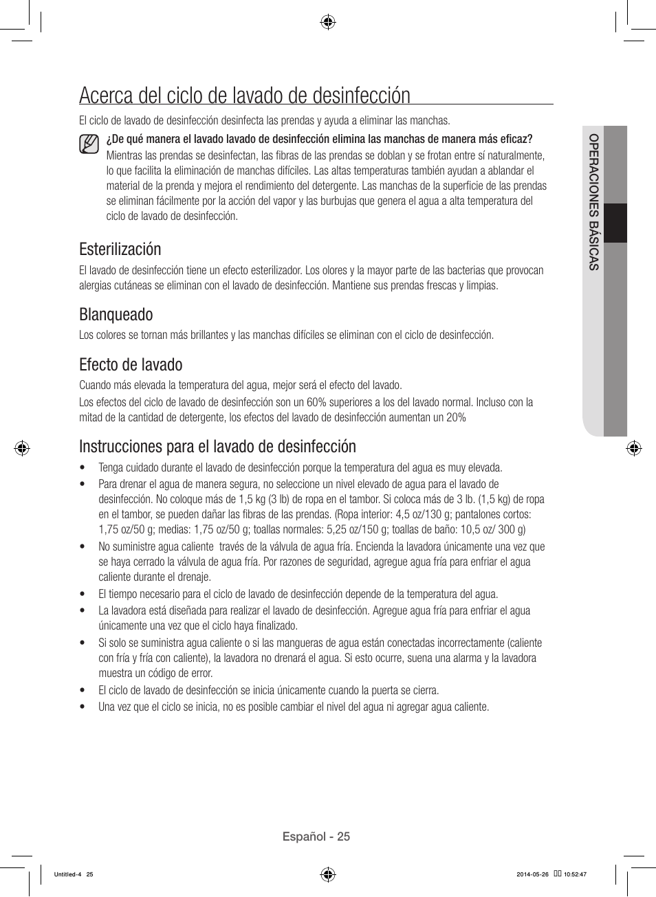 Acerca del ciclo de lavado de desinfección, Esterilización, Blanqueado | Efecto de lavado, Instrucciones para el lavado de desinfección | Samsung WB09H7300GP-A1 User Manual | Page 113 / 132