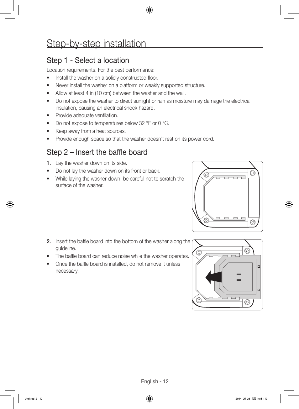 Step-by-step installation, Step 1 - select a location, Step 2 – insert the baffle board | Samsung WB09H7300GP-A1 User Manual | Page 12 / 132