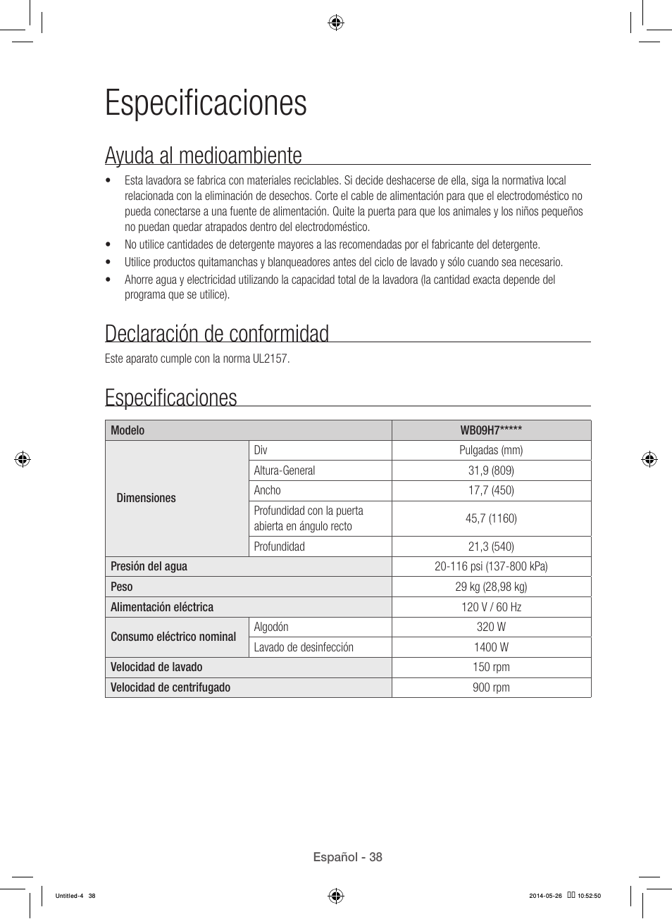Especificaciones, Ayuda al medioambiente, Declaración de conformidad | Samsung WB09H7300GP-A1 User Manual | Page 126 / 132