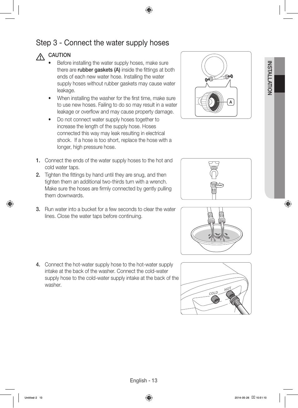 Step 3 - connect the water supply hoses | Samsung WB09H7300GP-A1 User Manual | Page 13 / 132