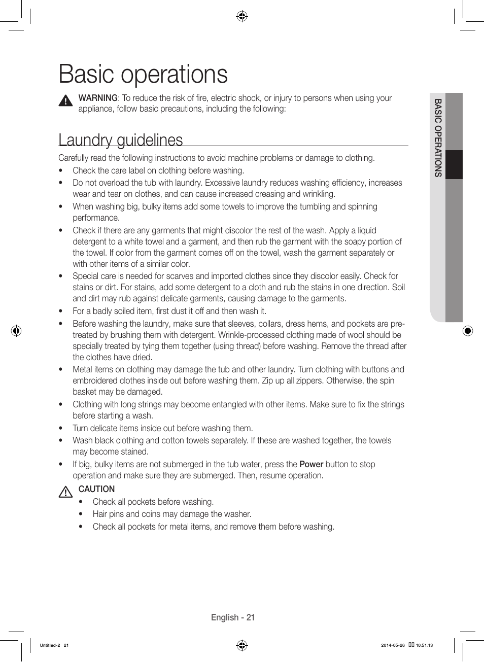 Basic operations, Laundry guidelines | Samsung WB09H7300GP-A1 User Manual | Page 21 / 132
