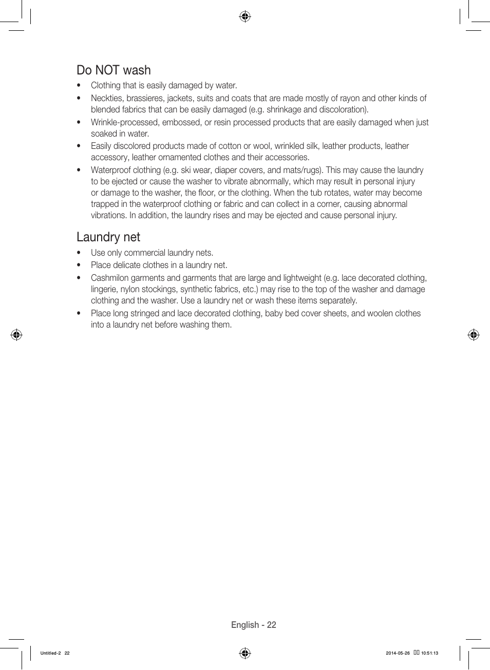 Do not wash, Laundry net | Samsung WB09H7300GP-A1 User Manual | Page 22 / 132