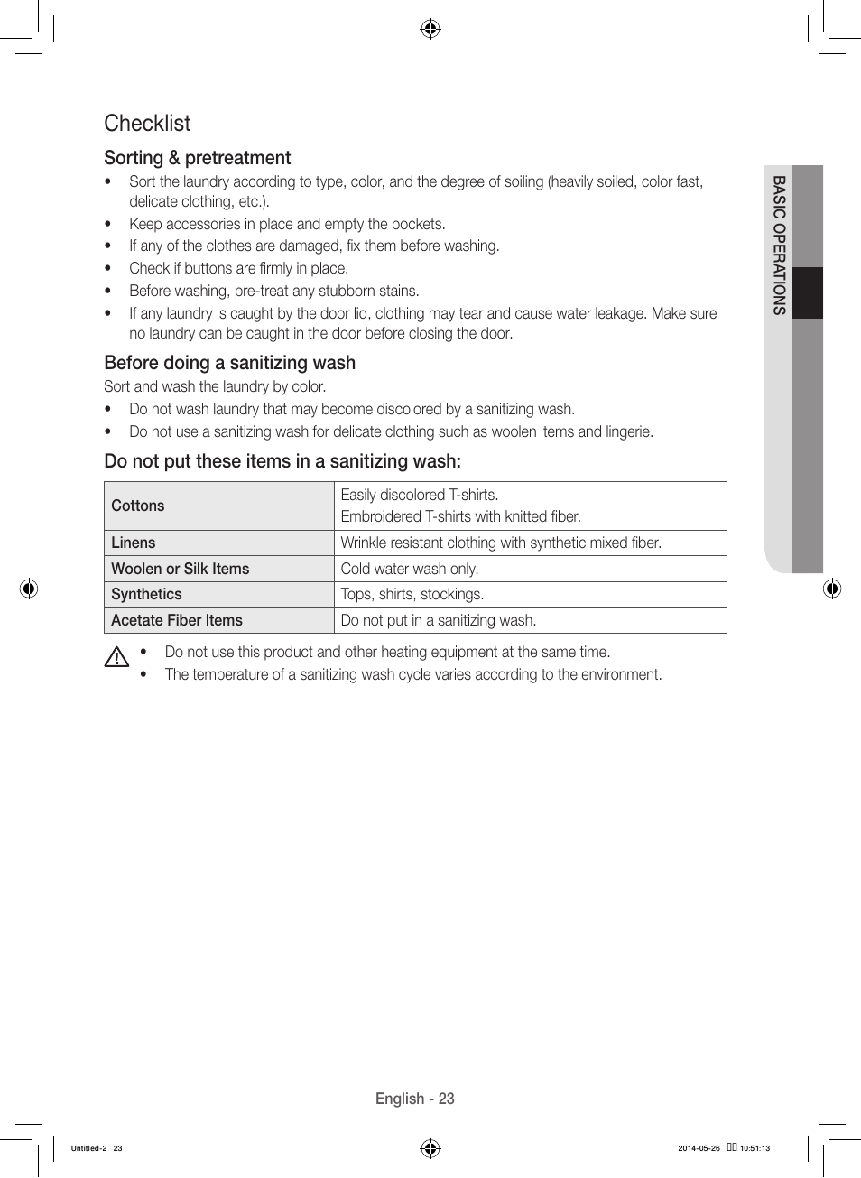 Checklist, Sorting & pretreatment, Before doing a sanitizing wash | Do not put these items in a sanitizing wash | Samsung WB09H7300GP-A1 User Manual | Page 23 / 132