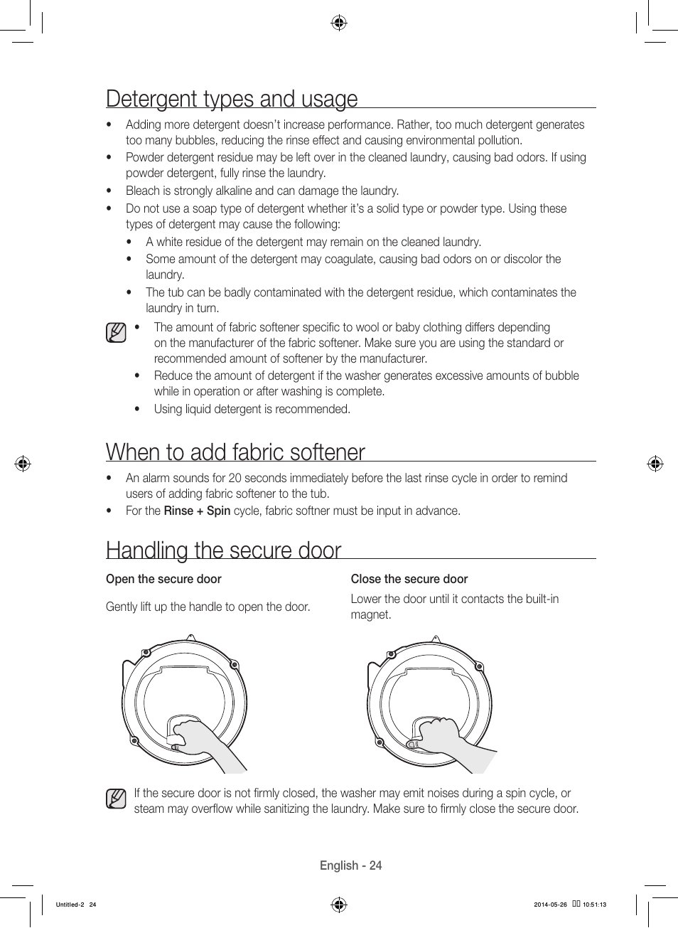 Detergent types and usage, When to add fabric softener, Handling the secure door | Samsung WB09H7300GP-A1 User Manual | Page 24 / 132