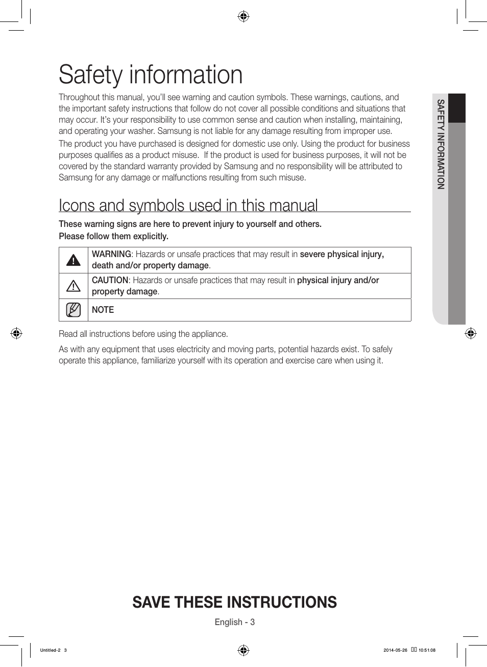 Safety information, Icons and symbols used in this manual, Save these instructions | Samsung WB09H7300GP-A1 User Manual | Page 3 / 132