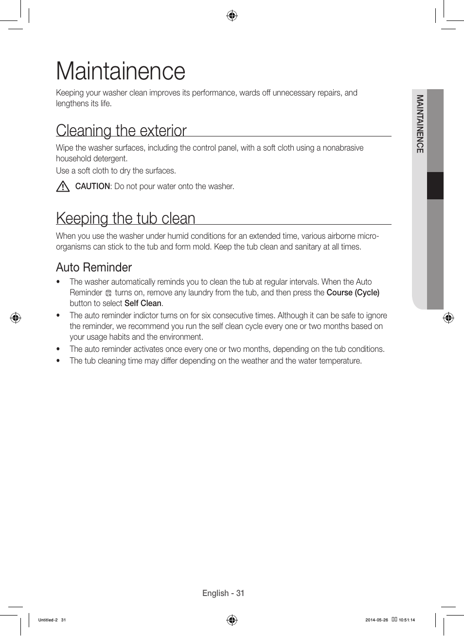 Maintainence, Cleaning the exterior, Keeping the tub clean | Cleaning the exterior keeping the tub clean, Auto reminder | Samsung WB09H7300GP-A1 User Manual | Page 31 / 132