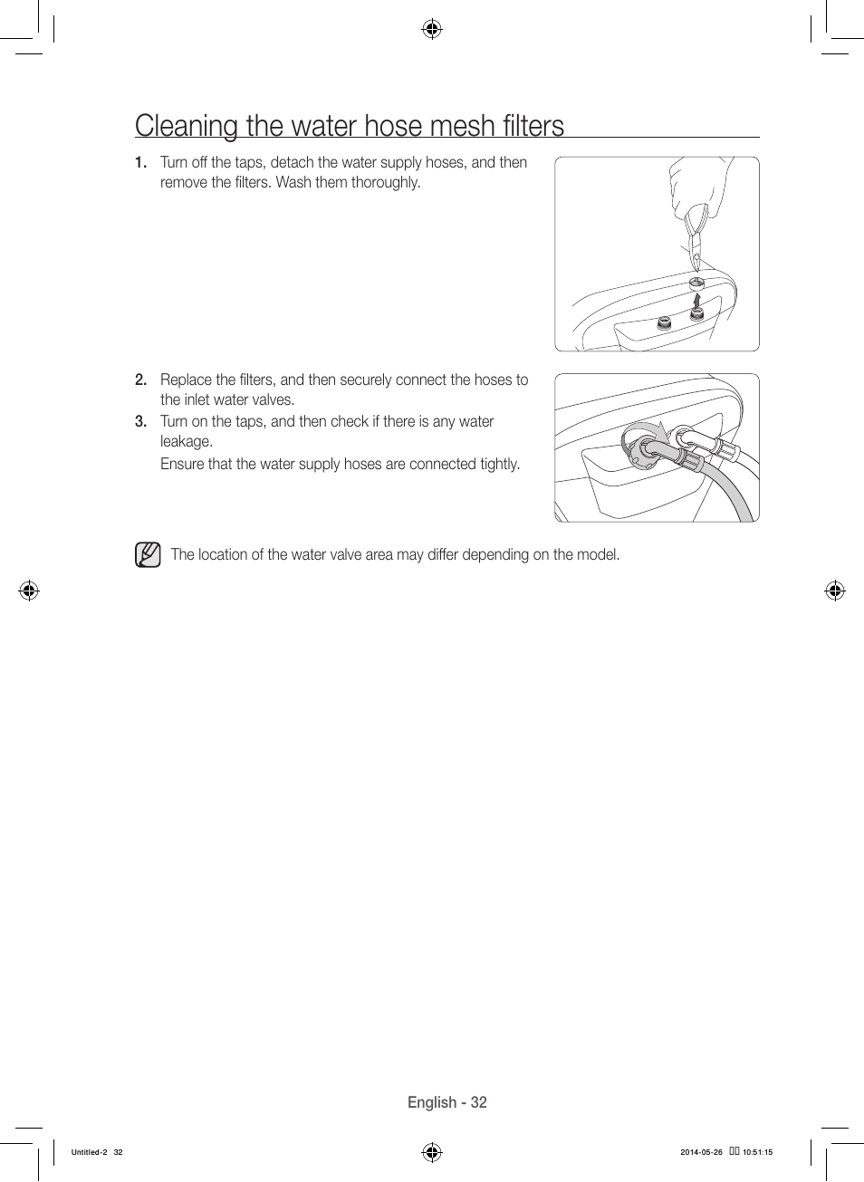 Cleaning the water hose mesh filters | Samsung WB09H7300GP-A1 User Manual | Page 32 / 132