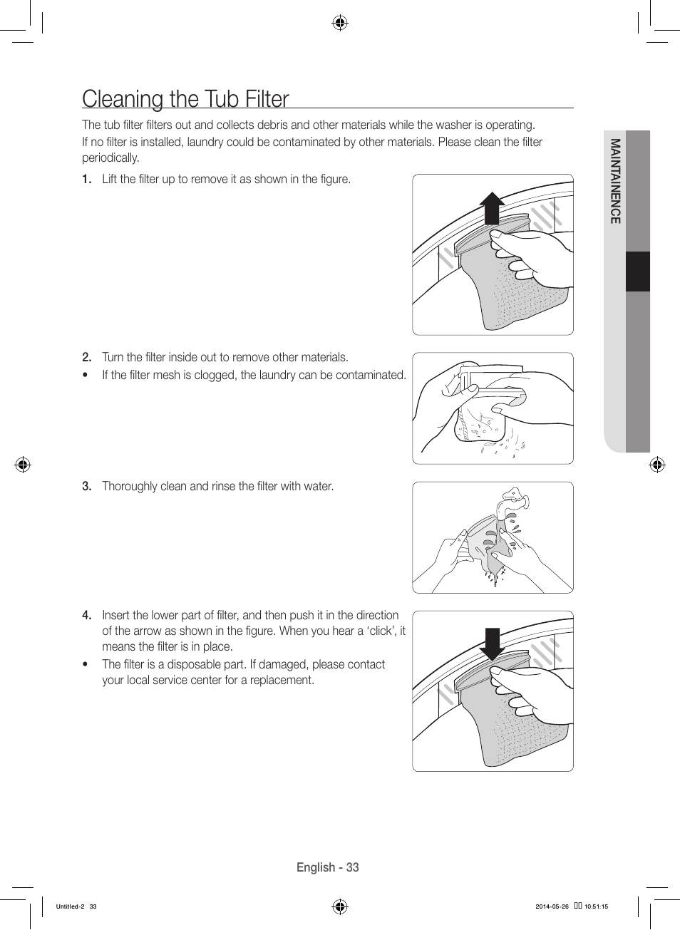Cleaning the tub filter | Samsung WB09H7300GP-A1 User Manual | Page 33 / 132