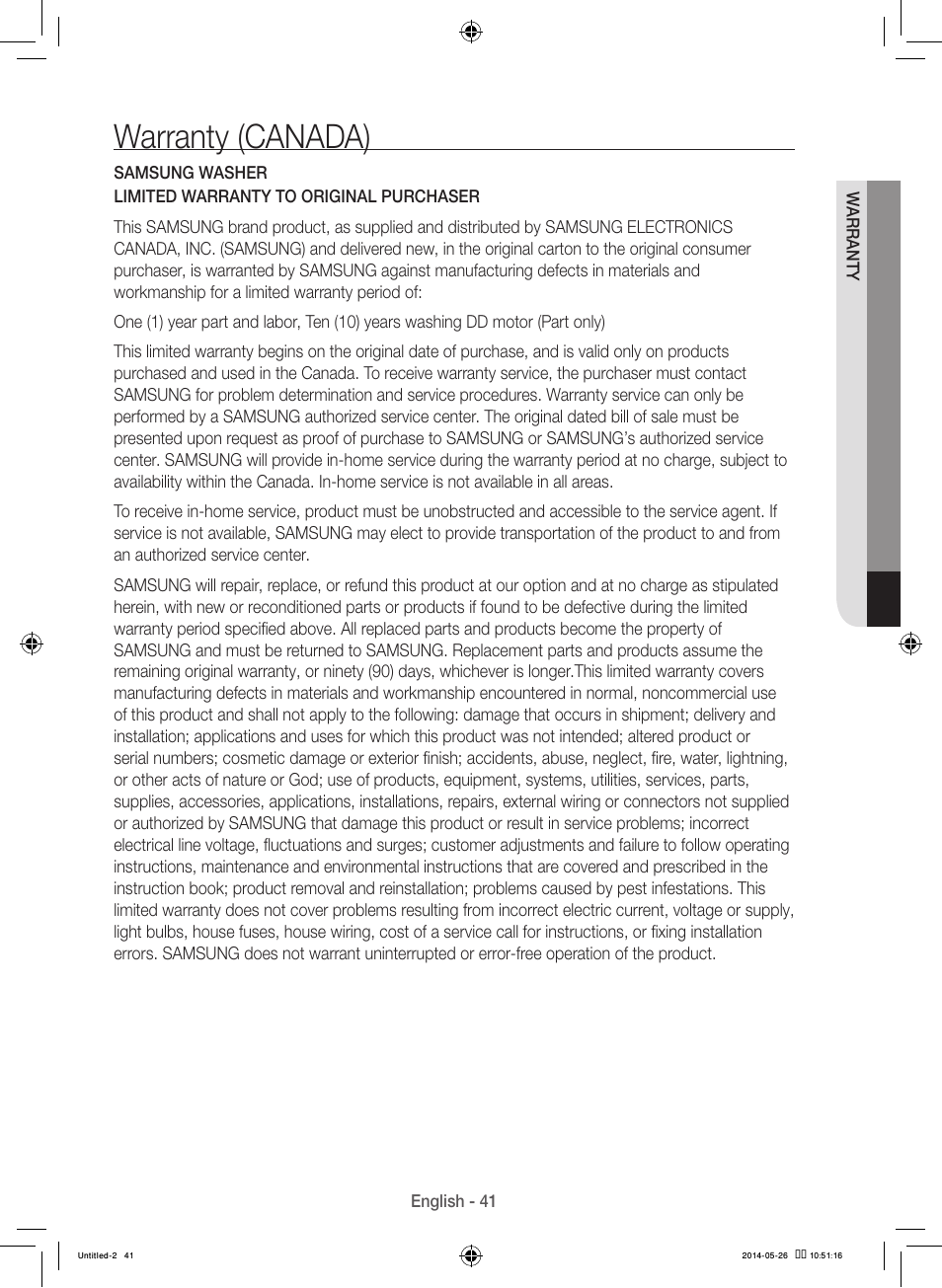 Warranty (canada) | Samsung WB09H7300GP-A1 User Manual | Page 41 / 132