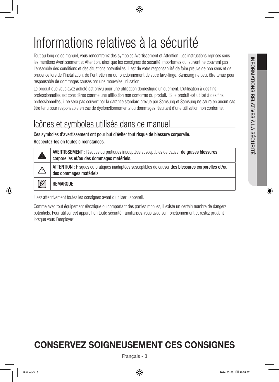Informations relatives à la sécurité, Icônes et symboles utilisés dans ce manuel, Conservez soigneusement ces consignes | Samsung WB09H7300GP-A1 User Manual | Page 47 / 132