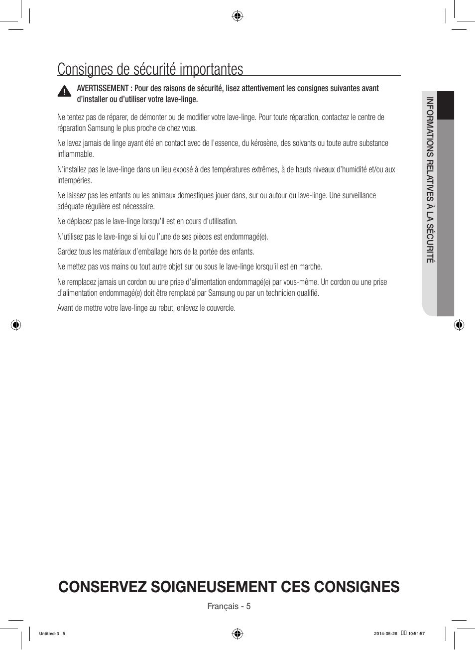 Consignes de sécurité importantes, Conservez soigneusement ces consignes | Samsung WB09H7300GP-A1 User Manual | Page 49 / 132