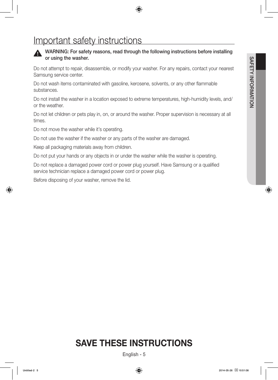 Important safety instructions, Save these instructions | Samsung WB09H7300GP-A1 User Manual | Page 5 / 132