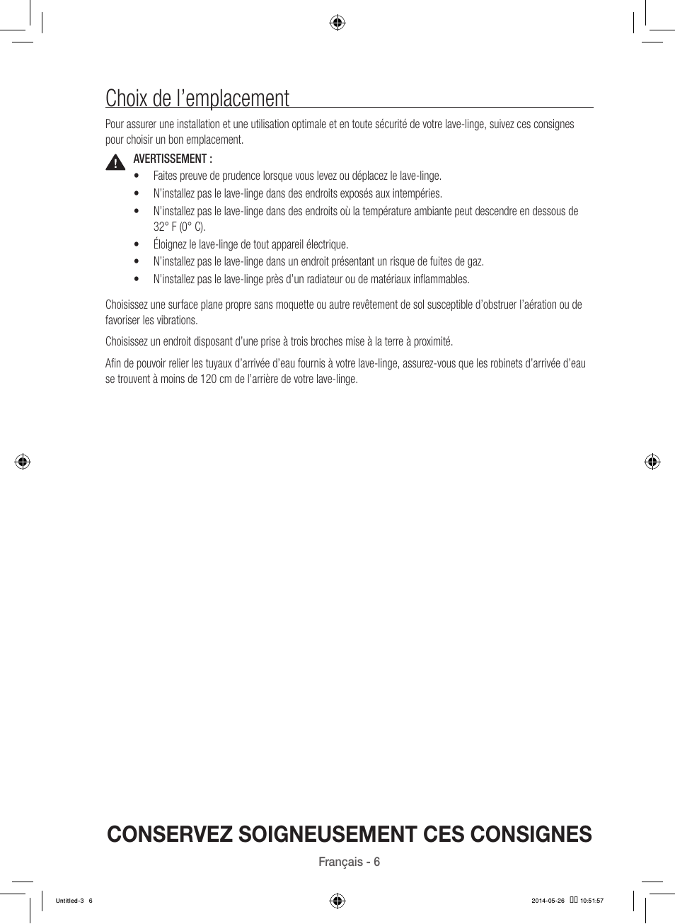 Choix de l’emplacement, Conservez soigneusement ces consignes | Samsung WB09H7300GP-A1 User Manual | Page 50 / 132