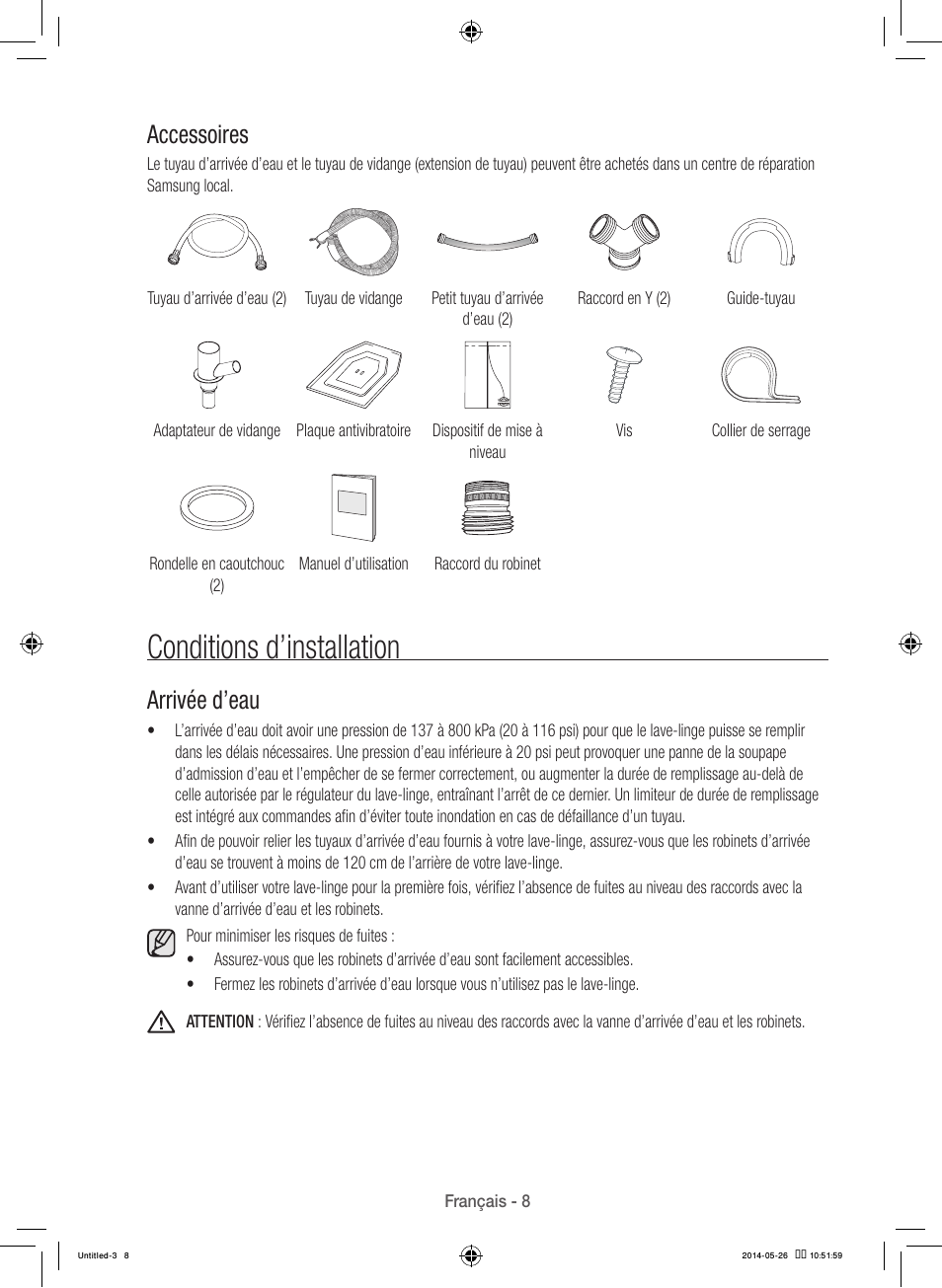 Conditions d’installation, Accessoires, Arrivée d’eau | Samsung WB09H7300GP-A1 User Manual | Page 52 / 132