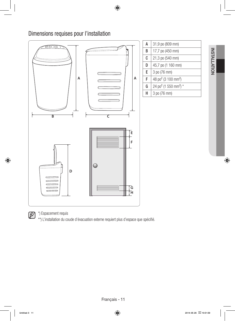Dimensions requises pour l’installation | Samsung WB09H7300GP-A1 User Manual | Page 55 / 132