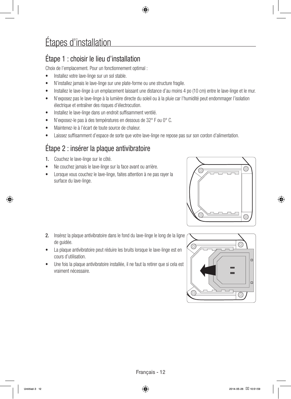 Étapes d’installation, Étape 1 : choisir le lieu d’installation, Étape 2 : insérer la plaque antivibratoire | Samsung WB09H7300GP-A1 User Manual | Page 56 / 132