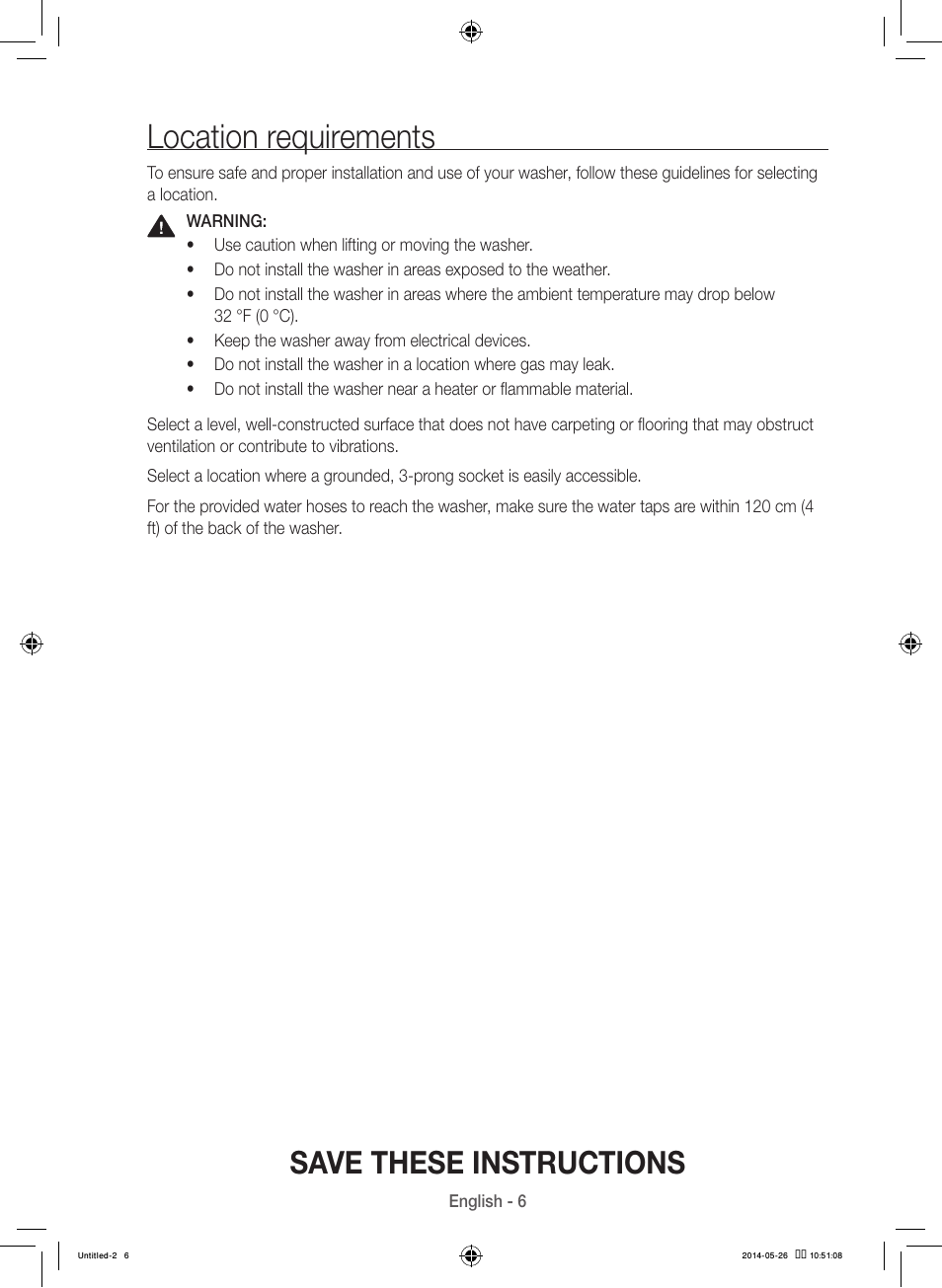 Location requirements, Save these instructions | Samsung WB09H7300GP-A1 User Manual | Page 6 / 132