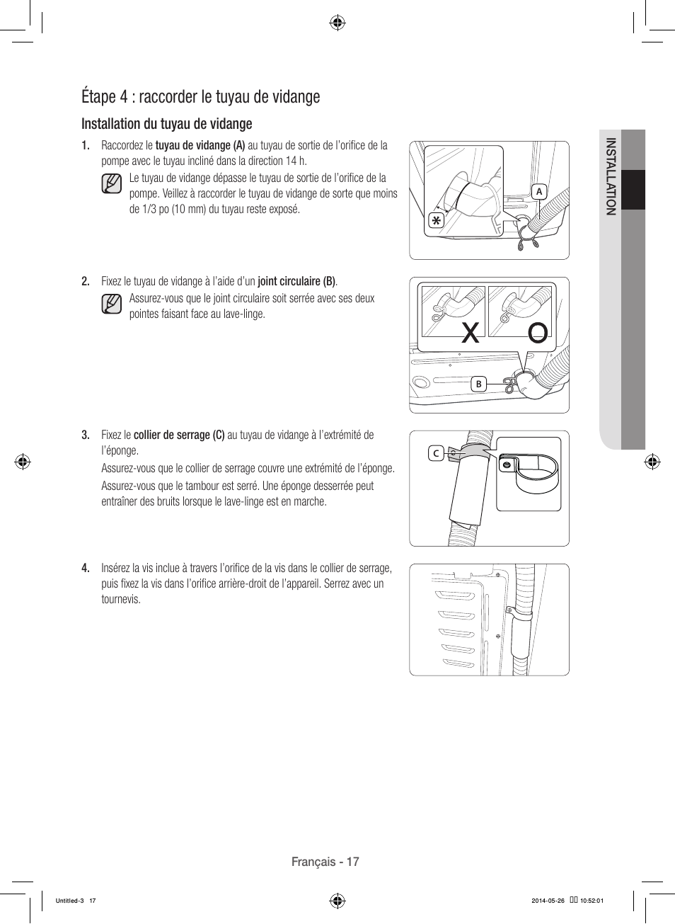 Étape 4 : raccorder le tuyau de vidange, Installation du tuyau de vidange | Samsung WB09H7300GP-A1 User Manual | Page 61 / 132
