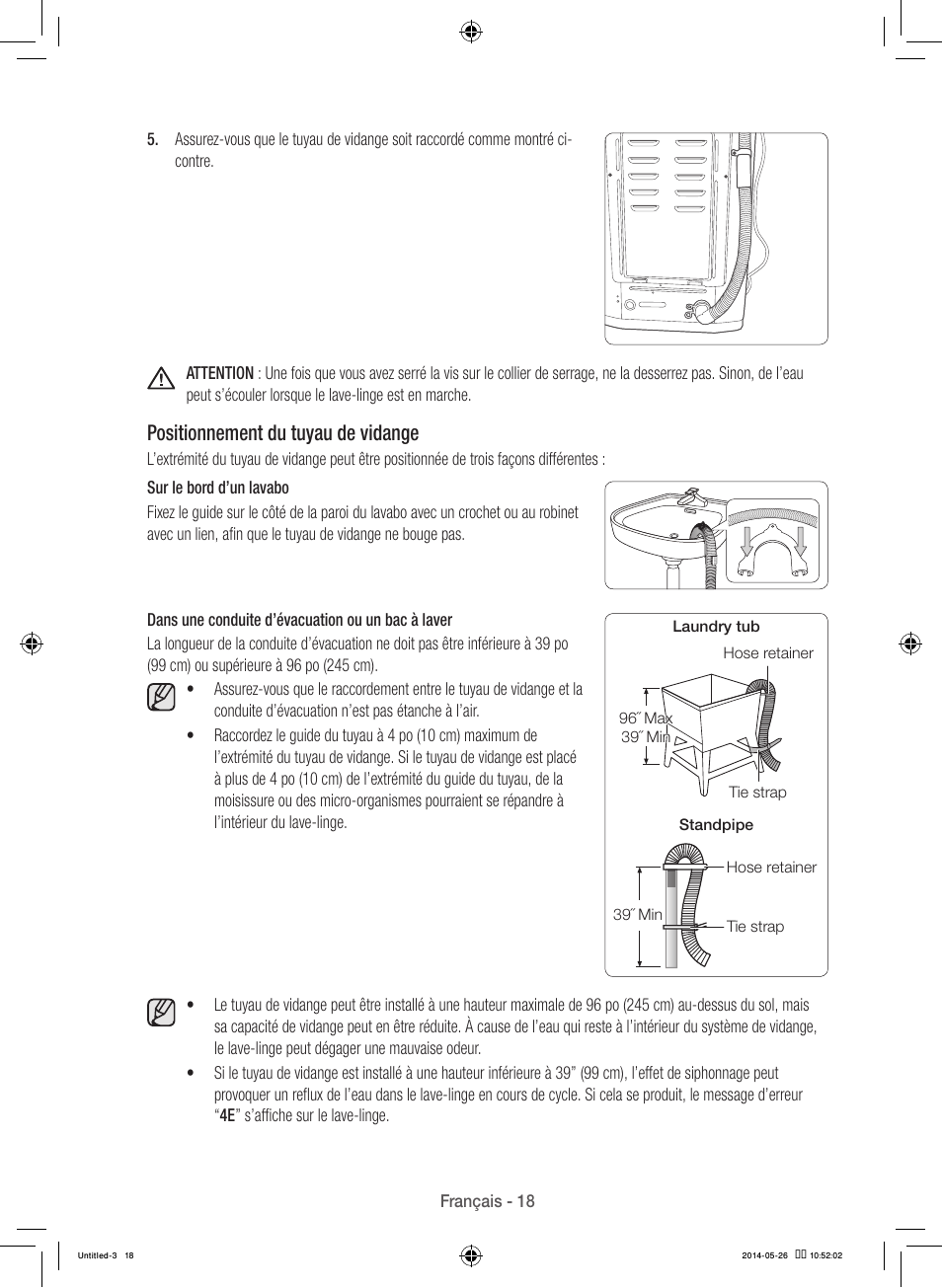 Positionnement du tuyau de vidange | Samsung WB09H7300GP-A1 User Manual | Page 62 / 132
