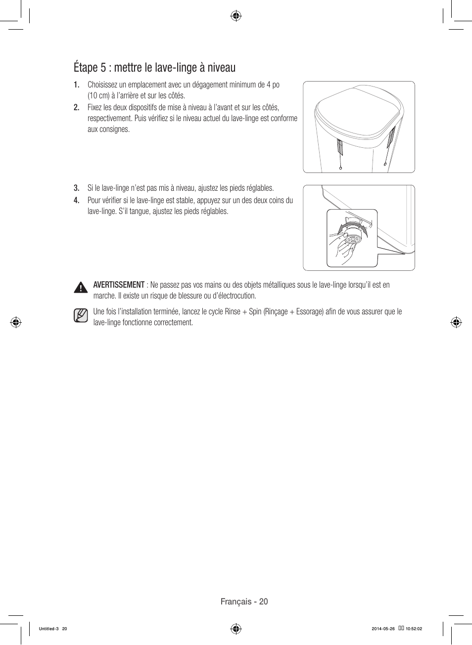 Étape 5 : mettre le lave-linge à niveau | Samsung WB09H7300GP-A1 User Manual | Page 64 / 132