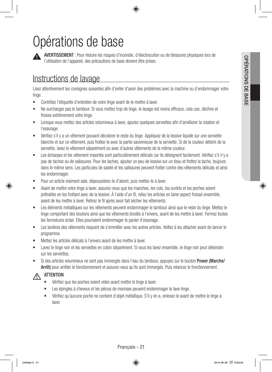 Opérations de base, Instructions de lavage | Samsung WB09H7300GP-A1 User Manual | Page 65 / 132