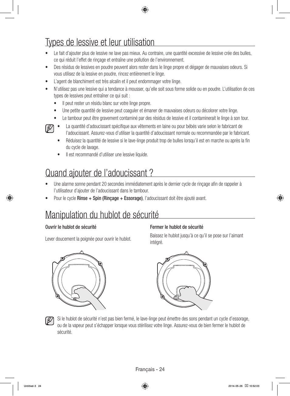 Types de lessive et leur utilisation, Quand ajouter de l’adoucissant, Manipulation du hublot de sécurité | Samsung WB09H7300GP-A1 User Manual | Page 68 / 132