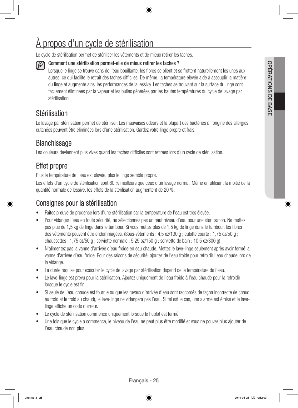 À propos d’un cycle de stérilisation, Stérilisation, Blanchissage | Effet propre, Consignes pour la stérilisation | Samsung WB09H7300GP-A1 User Manual | Page 69 / 132