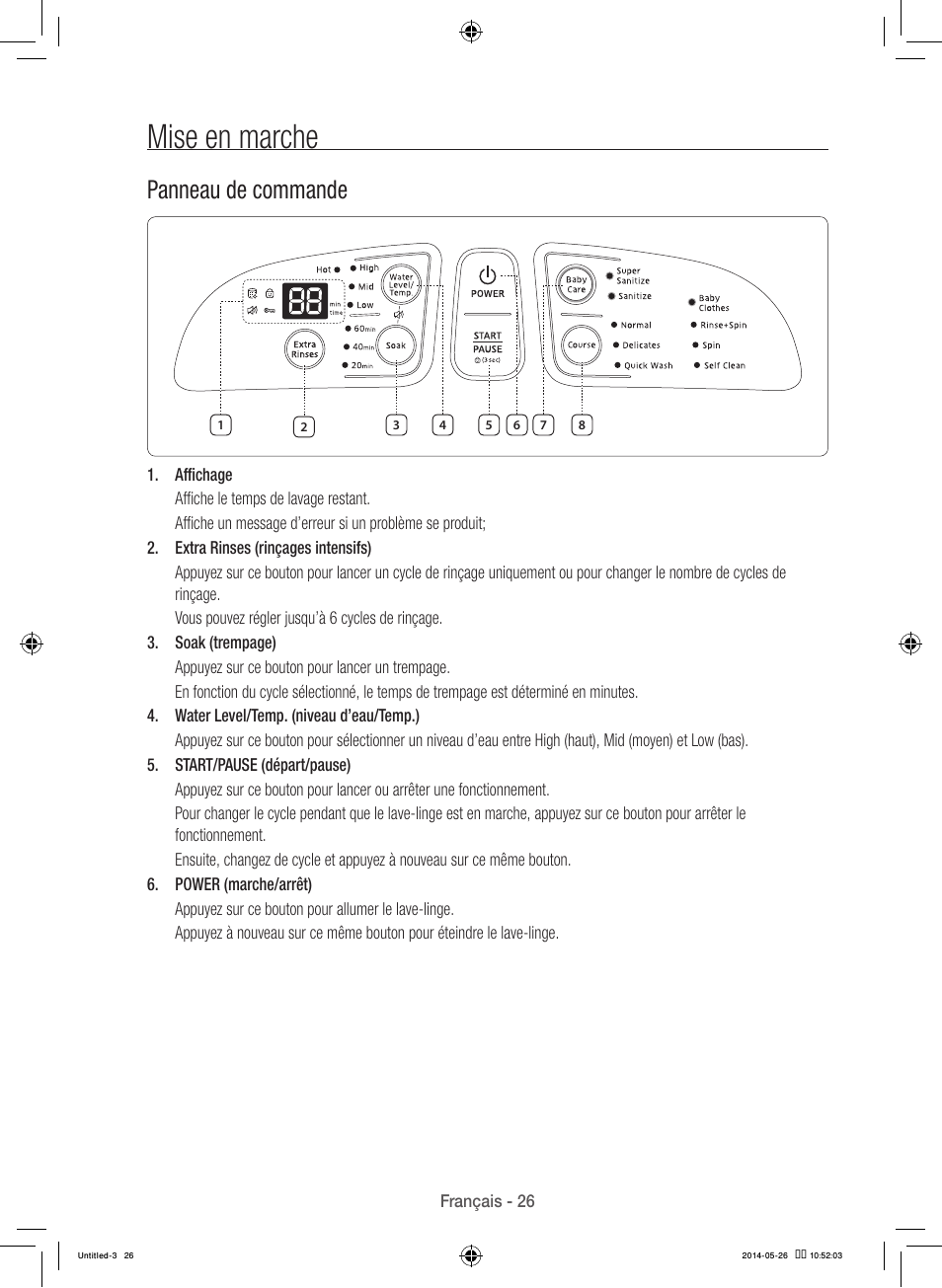 Mise en marche, Panneau de commande | Samsung WB09H7300GP-A1 User Manual | Page 70 / 132