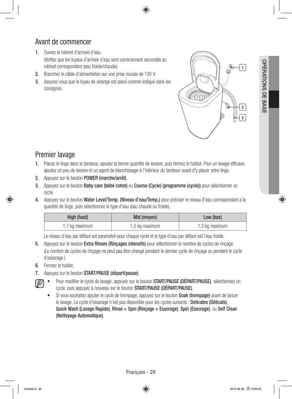 Avant de commencer, Premier lavage | Samsung WB09H7300GP-A1 User Manual | Page 73 / 132