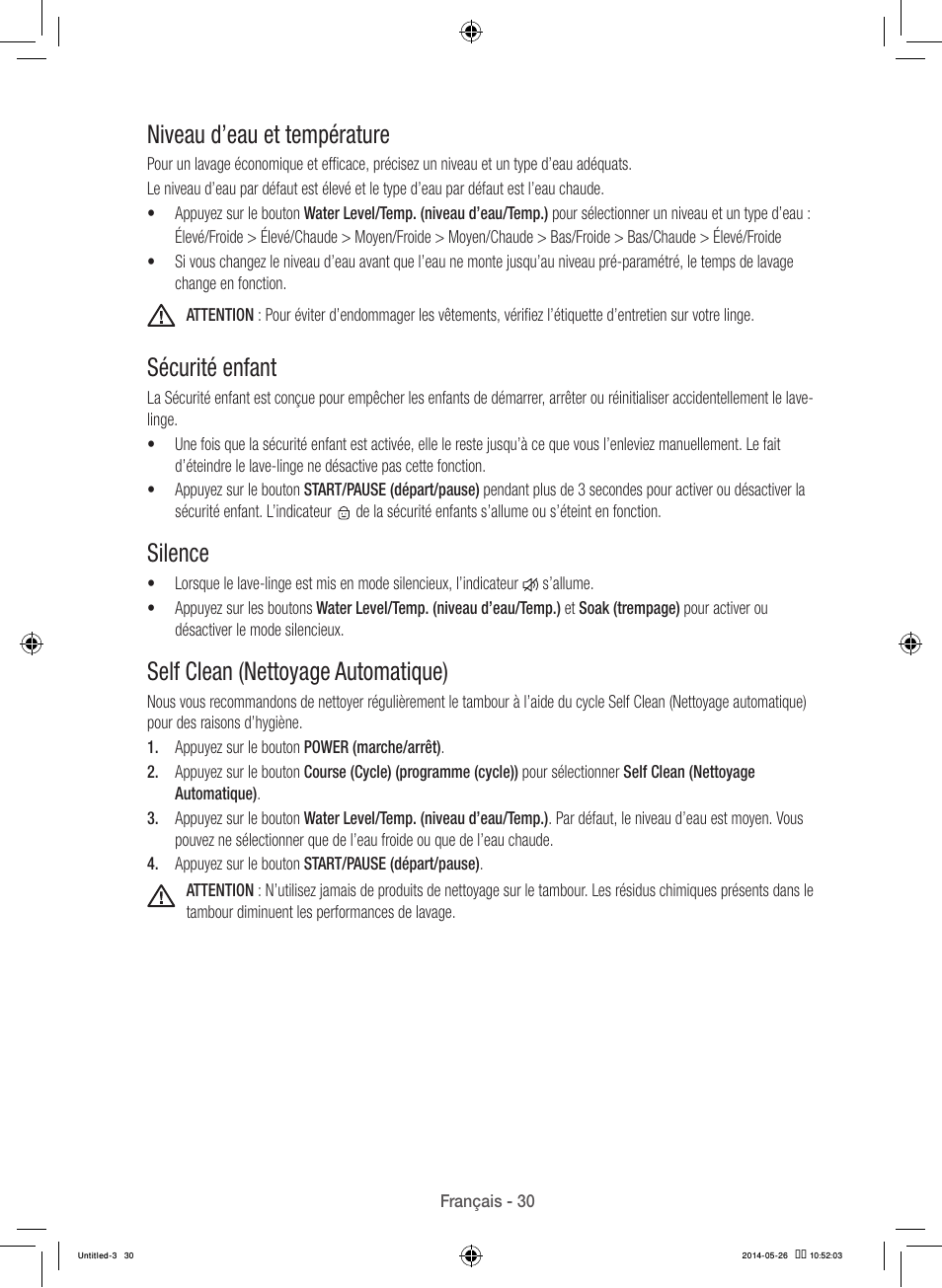 Niveau d’eau et température, Sécurité enfant, Silence | Self clean (nettoyage automatique) | Samsung WB09H7300GP-A1 User Manual | Page 74 / 132