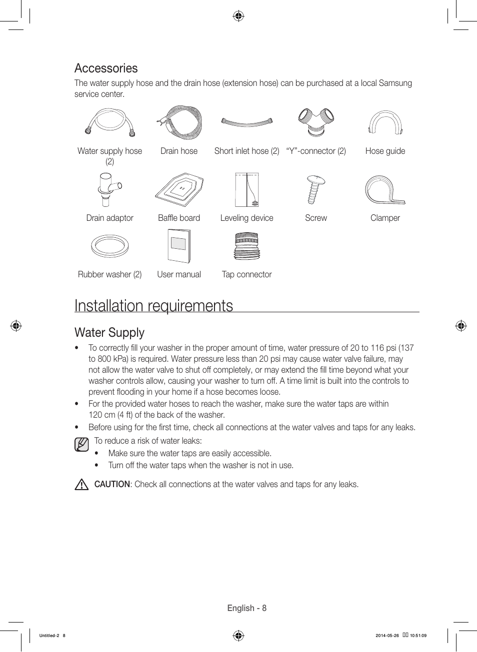 Installation requirements, Accessories, Water supply | Samsung WB09H7300GP-A1 User Manual | Page 8 / 132