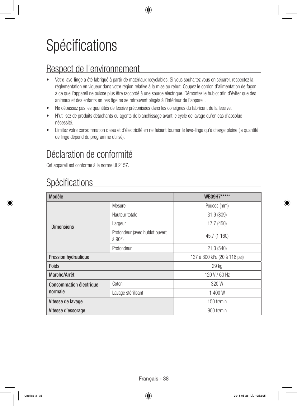 Spécifications, Respect de l’environnement, Déclaration de conformité | Samsung WB09H7300GP-A1 User Manual | Page 82 / 132
