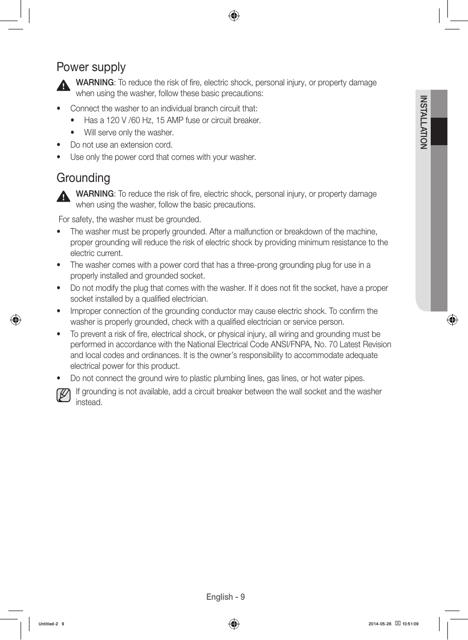 Power supply, Grounding | Samsung WB09H7300GP-A1 User Manual | Page 9 / 132