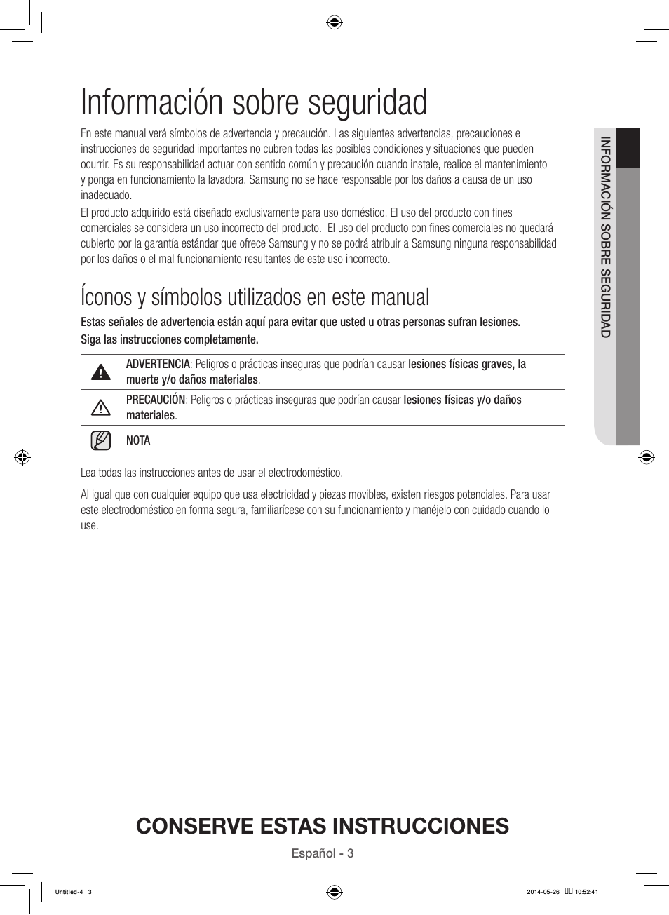 Información sobre seguridad, Íconos y símbolos utilizados en este manual, Conserve estas instrucciones | Samsung WB09H7300GP-A1 User Manual | Page 91 / 132