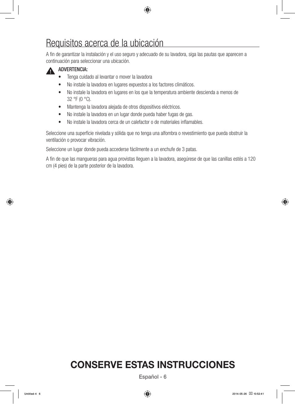 Requisitos acerca de la ubicación, Conserve estas instrucciones | Samsung WB09H7300GP-A1 User Manual | Page 94 / 132