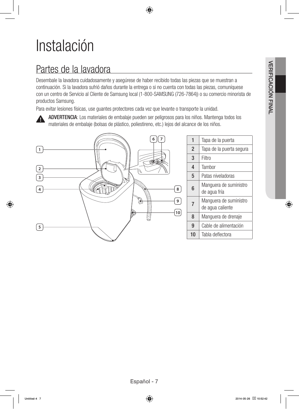 Instalación, Partes de la lavadora | Samsung WB09H7300GP-A1 User Manual | Page 95 / 132