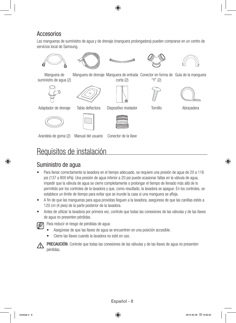 Requisitos de instalación, Accesorios, Suministro de agua | Samsung WB09H7300GP-A1 User Manual | Page 96 / 132
