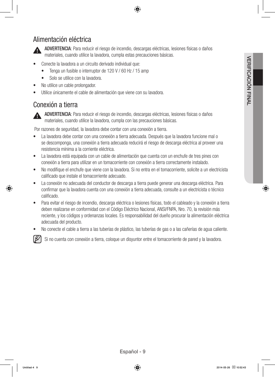 Alimentación eléctrica, Conexión a tierra | Samsung WB09H7300GP-A1 User Manual | Page 97 / 132