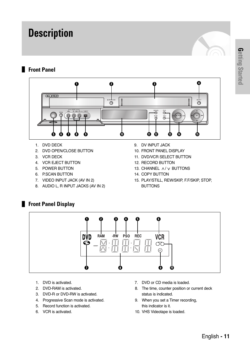 Description, Front panel, Front panel display | Getting started, English - 11 | Samsung DVD-VR325-XAA User Manual | Page 11 / 90