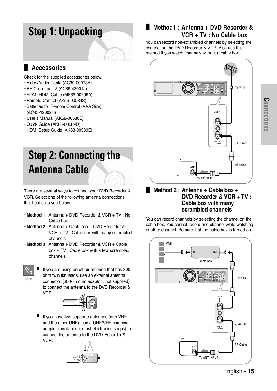 Step 1: unpacking, Step 2: connecting the antenna cable, Connections | Samsung DVD-VR325-XAA User Manual | Page 15 / 90