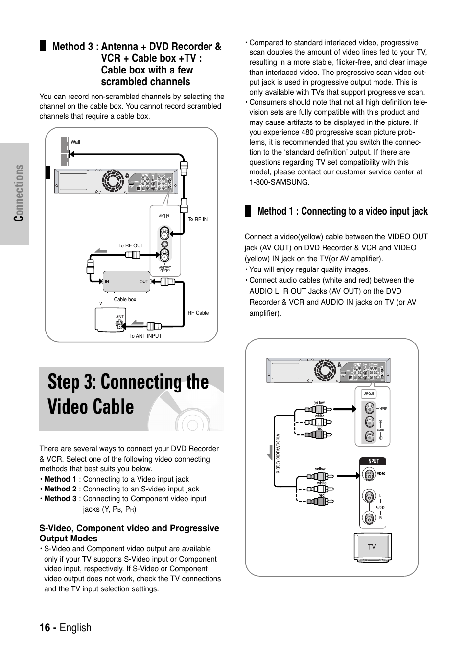 Step 3: connecting the video cable, Connections, 16 - english | Method 1 : connecting to a video input jack | Samsung DVD-VR325-XAA User Manual | Page 16 / 90