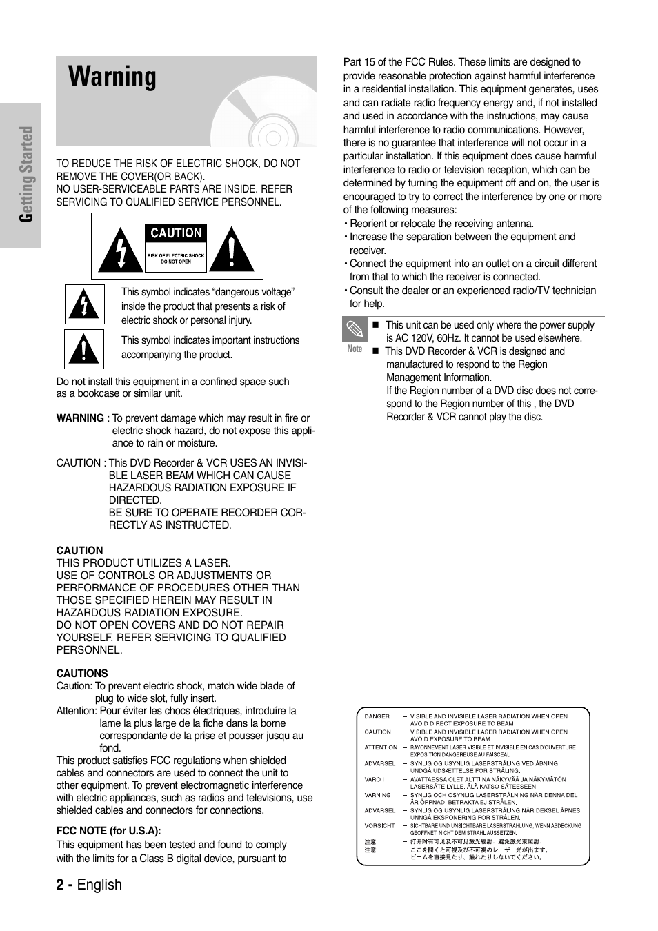 Warning, Getting started, 2 - english | Samsung DVD-VR325-XAA User Manual | Page 2 / 90