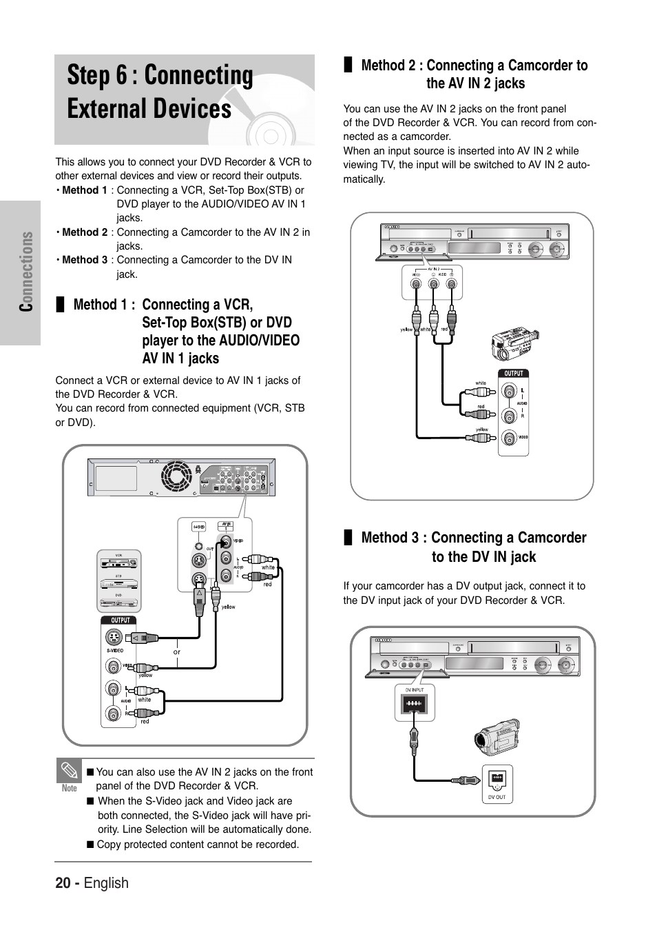 Step 6 : connecting external devices, Connections | Samsung DVD-VR325-XAA User Manual | Page 20 / 90