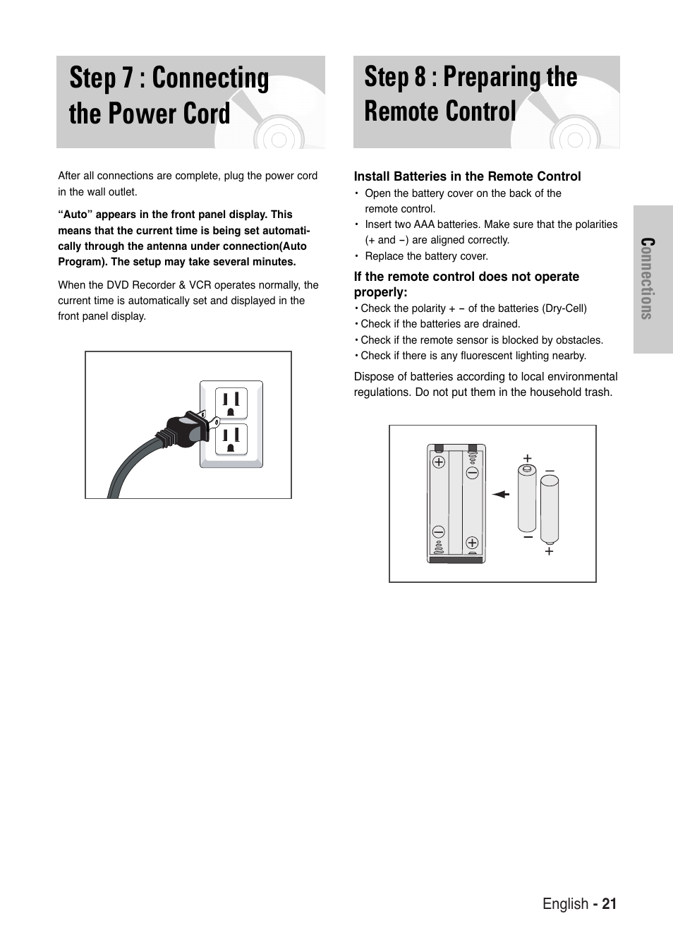 Step 7 : connecting the power cord, Step 8 : preparing the remote control, Connections | English - 21 | Samsung DVD-VR325-XAA User Manual | Page 21 / 90