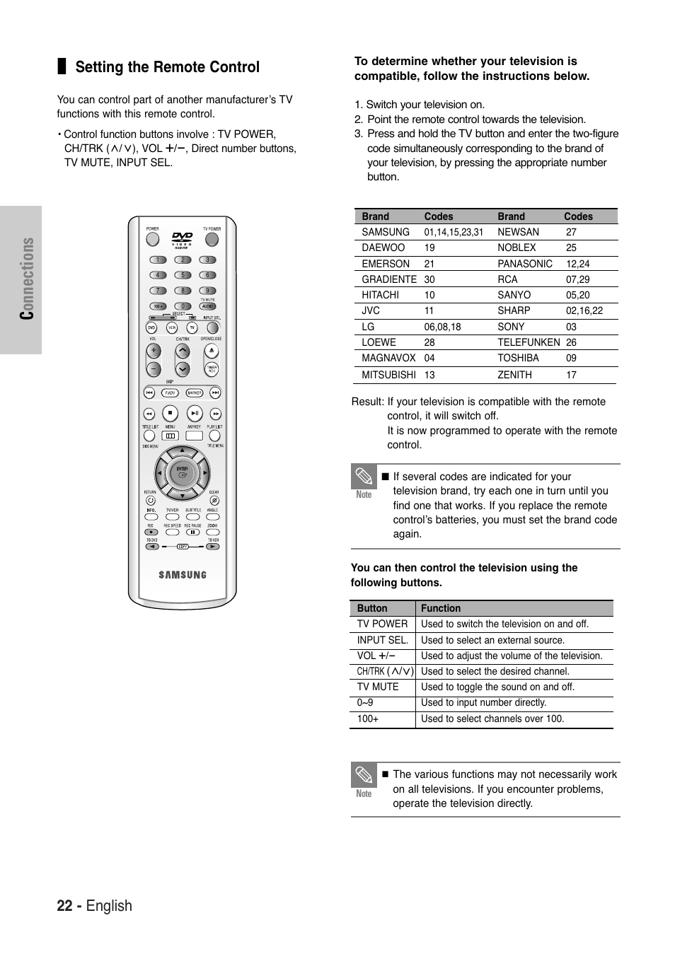 Connections, 22 - english, Setting the remote control | Samsung DVD-VR325-XAA User Manual | Page 22 / 90