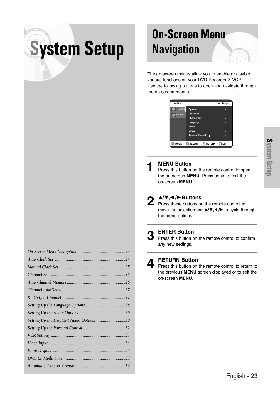 System setup, On-screen menu navigation, English - 23 | Samsung DVD-VR325-XAA User Manual | Page 23 / 90