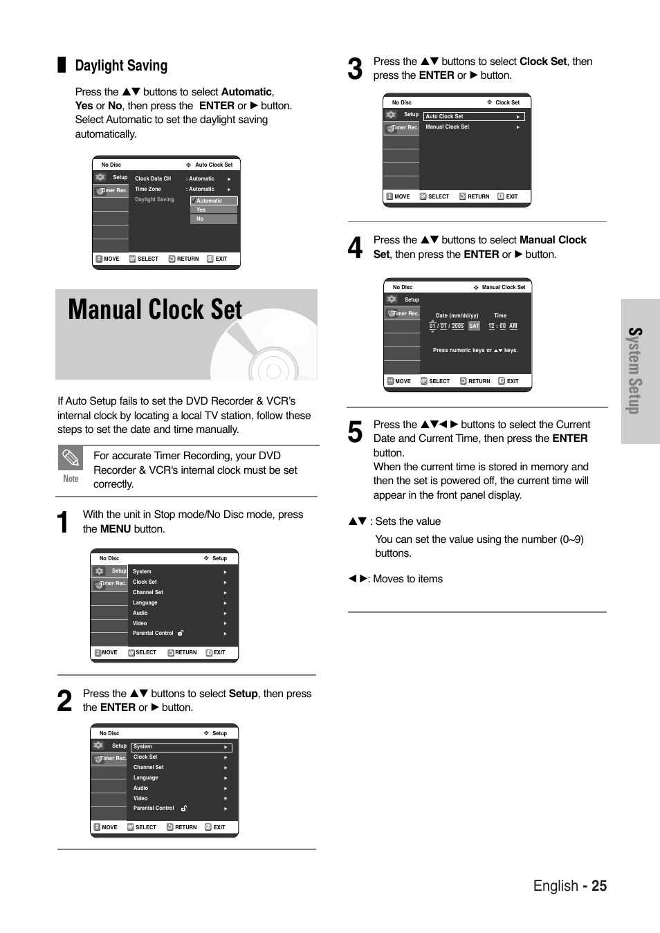 Manual clock set, System setup, English - 25 | Daylight saving | Samsung DVD-VR325-XAA User Manual | Page 25 / 90