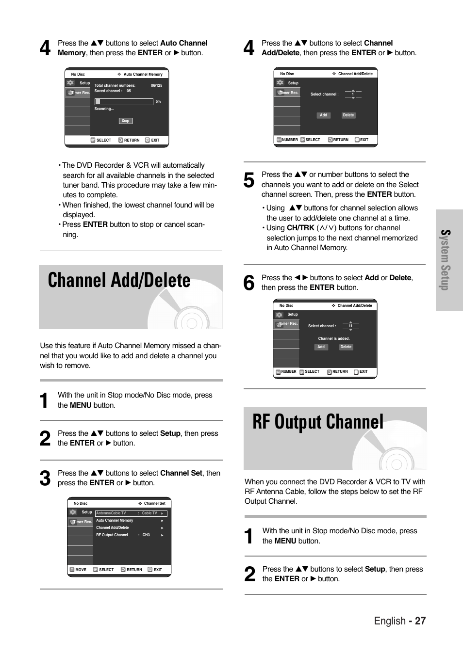 Channel add/delete, Rf output channel, System setup | English - 27 | Samsung DVD-VR325-XAA User Manual | Page 27 / 90