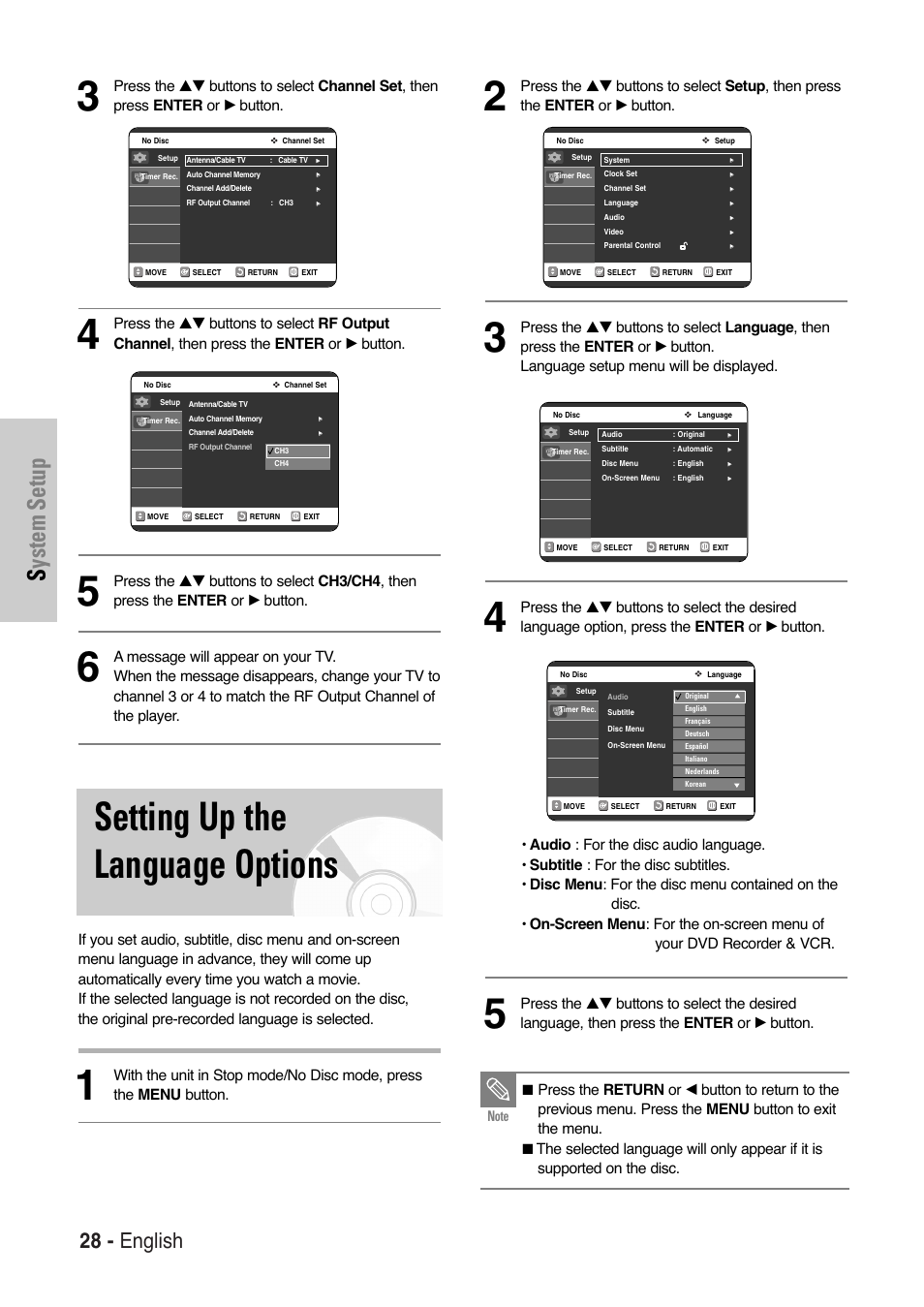 Setting up the language options, System setup, 28 - english | Samsung DVD-VR325-XAA User Manual | Page 28 / 90